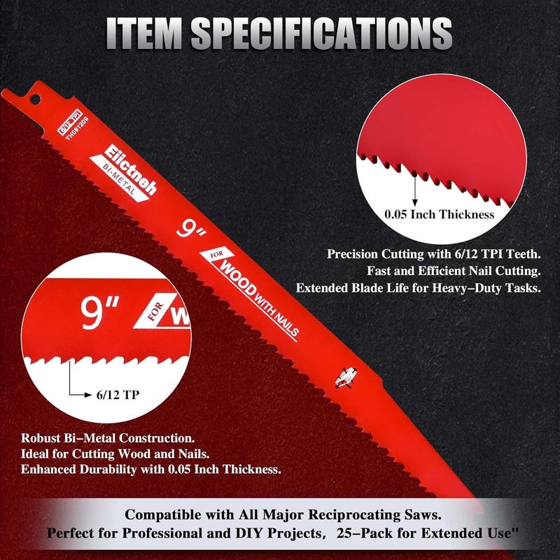 Eiictneh 25 Pack 6/12 TPI 9 Inch Stud and Nail Sawzall Blades - Bi-Metal Reciprocating Blades for Cutting Nail-Embedded Wood, Metal, and PVC, with Storage Case - Image 2